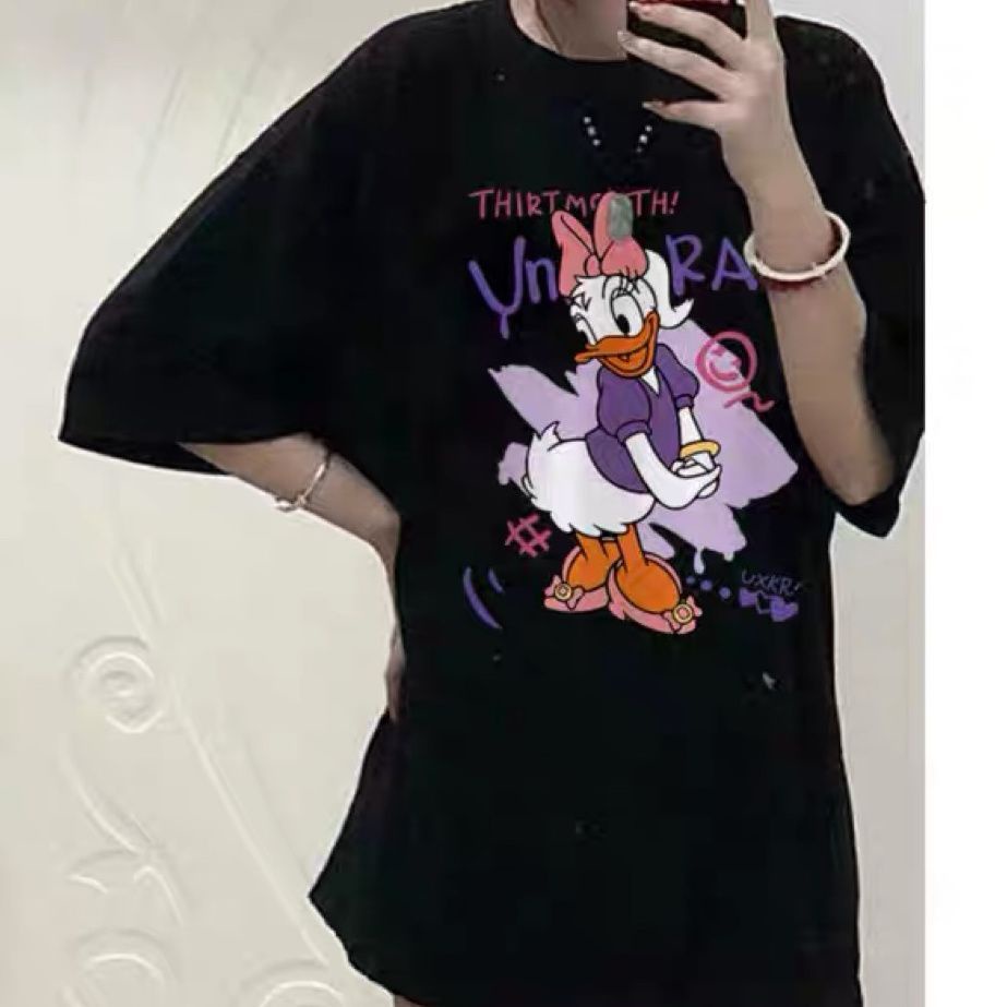Jiashucheng Áo Thun Ngắn Tay Dáng Rộng In Chữ Và Hình Vịt Donald Dễ Thương Thời Trang Mùa Hè Cho Nữ