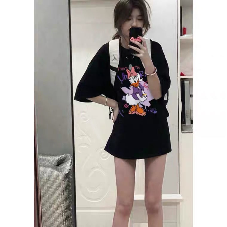 Jiashucheng Áo Thun Ngắn Tay Dáng Rộng In Chữ Và Hình Vịt Donald Dễ Thương Thời Trang Mùa Hè Cho Nữ
