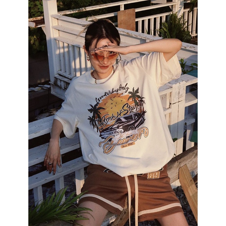 Jiashucheng Áo Thun Nữ Ngắn Tay In Hình Máy Bay Phong Cách Retro Mỹ Thời Trang Mùa Hè Mới