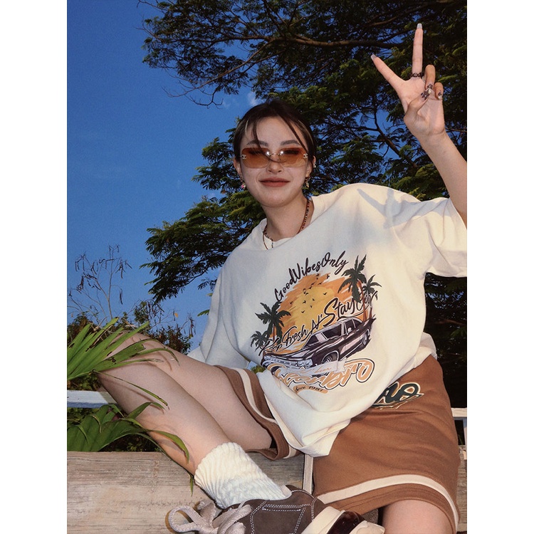 Jiashucheng Áo Thun Nữ Ngắn Tay In Hình Máy Bay Phong Cách Retro Mỹ Thời Trang Mùa Hè Mới