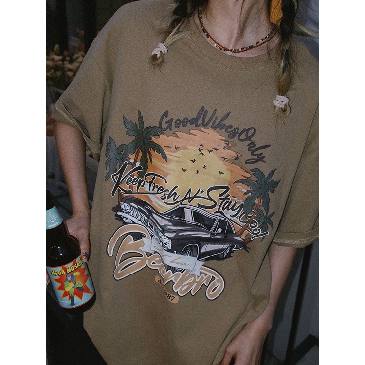 Jiashucheng Áo Thun Nữ Ngắn Tay In Hình Máy Bay Phong Cách Retro Mỹ Thời Trang Mùa Hè Mới