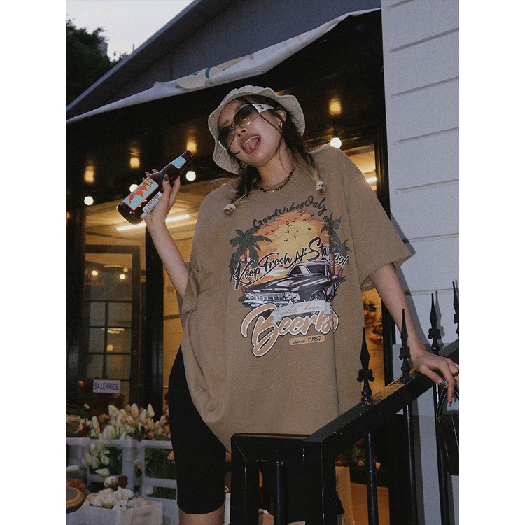 Jiashucheng Áo Thun Nữ Ngắn Tay In Hình Máy Bay Phong Cách Retro Mỹ Thời Trang Mùa Hè Mới