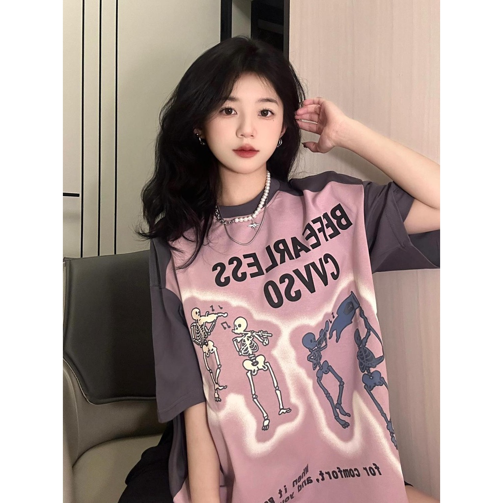 Jiashucheng Áo Thun Tay Ngắn Dáng Rộng Màu Sắc Tương Phản Phong Cách Hip Hop Mỹ Cá Tính