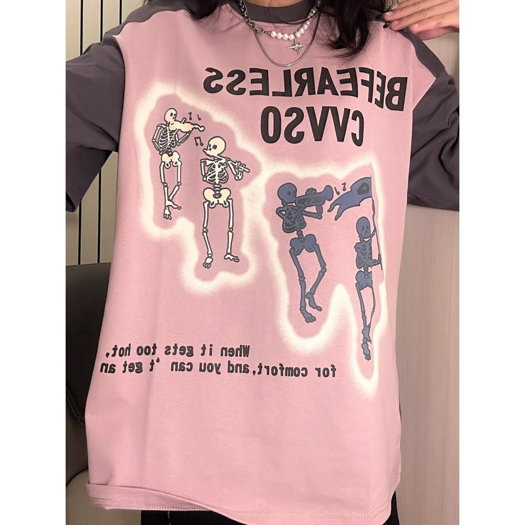 Jiashucheng Áo Thun Tay Ngắn Dáng Rộng Màu Sắc Tương Phản Phong Cách Hip Hop Mỹ Cá Tính