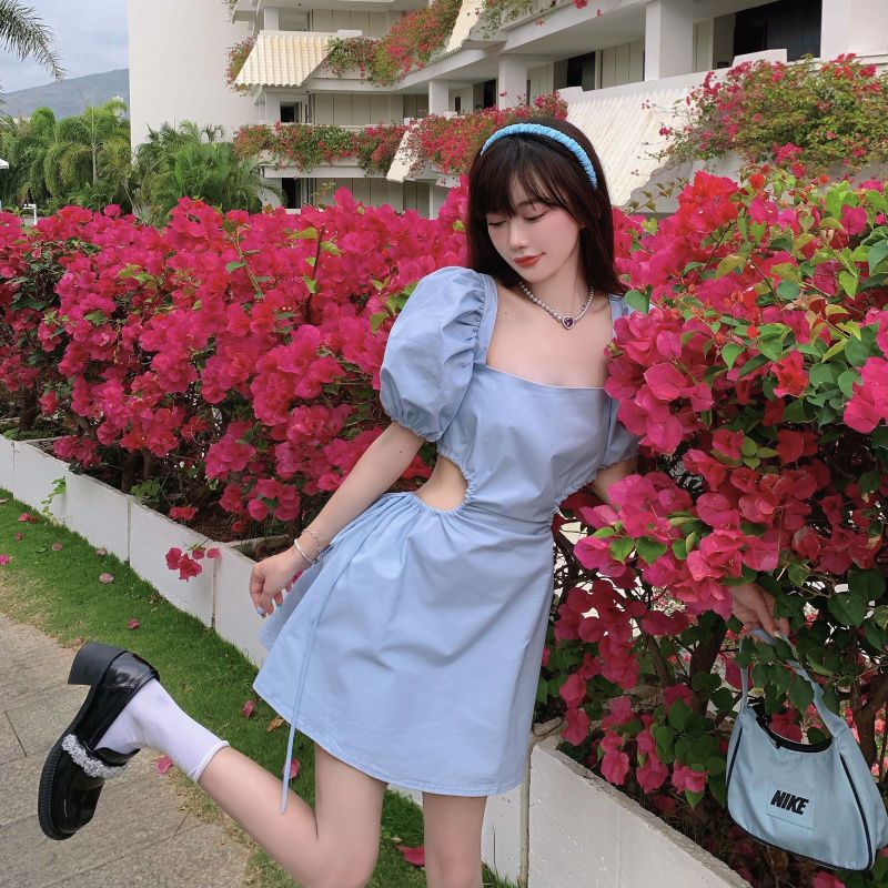 Jiashucheng Đầm Cổ Vuông Tay Phồng Cột Dây Màu Xanh Dương Phong Cách Retro Gợi Cảm Dễ Thương Dành Cho Nữ Đi Nghỉ Mát