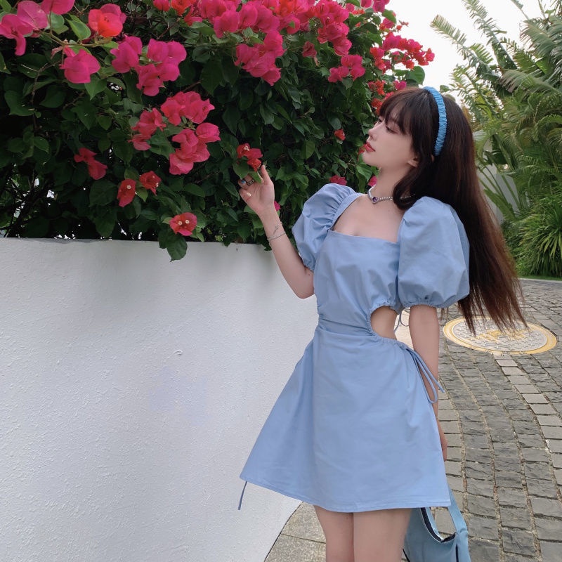 Jiashucheng Đầm Cổ Vuông Tay Phồng Cột Dây Màu Xanh Dương Phong Cách Retro Gợi Cảm Dễ Thương Dành Cho Nữ Đi Nghỉ Mát