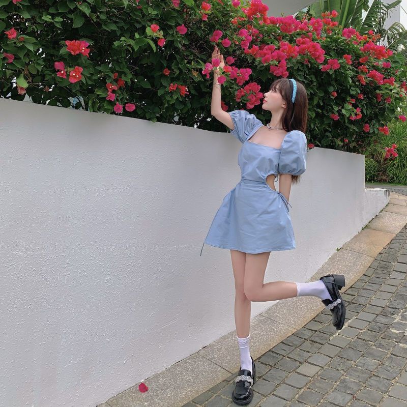 Jiashucheng Đầm Cổ Vuông Tay Phồng Cột Dây Màu Xanh Dương Phong Cách Retro Gợi Cảm Dễ Thương Dành Cho Nữ Đi Nghỉ Mát