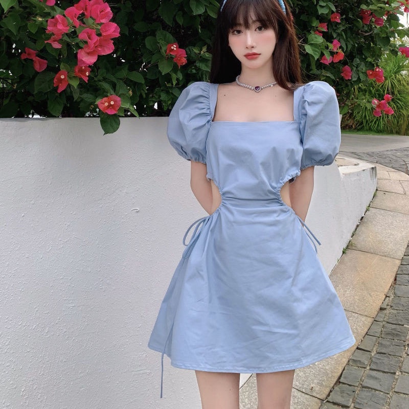 Jiashucheng Đầm Cổ Vuông Tay Phồng Cột Dây Màu Xanh Dương Phong Cách Retro Gợi Cảm Dễ Thương Dành Cho Nữ Đi Nghỉ Mát