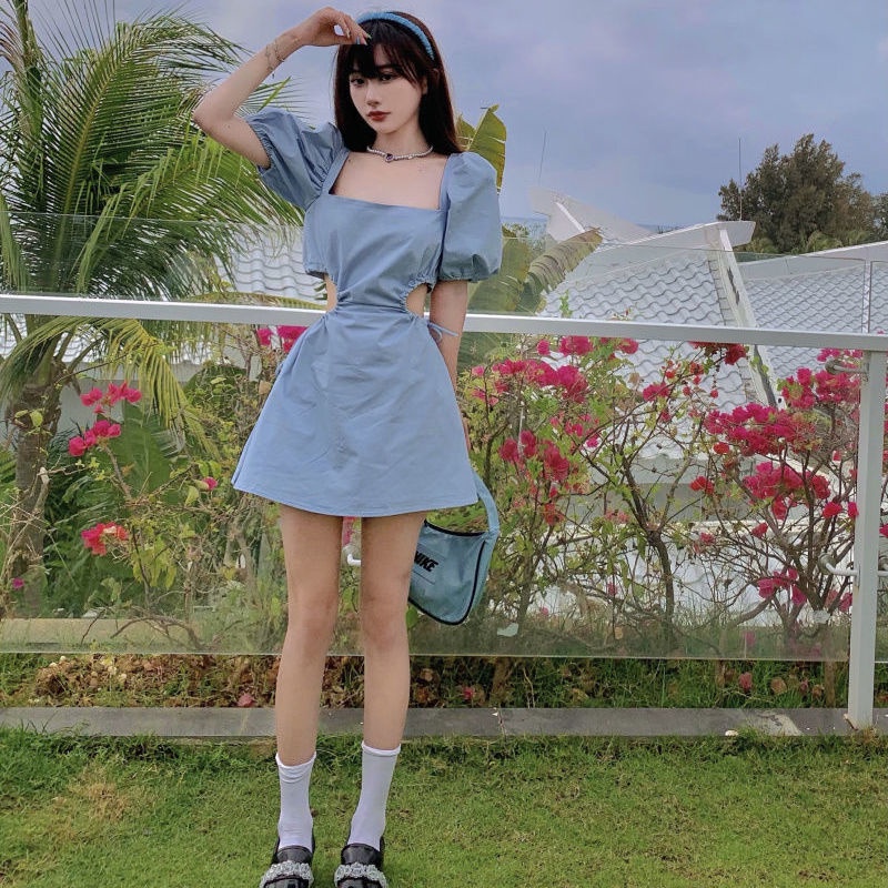 Jiashucheng Đầm Cổ Vuông Tay Phồng Cột Dây Màu Xanh Dương Phong Cách Retro Gợi Cảm Dễ Thương Dành Cho Nữ Đi Nghỉ Mát