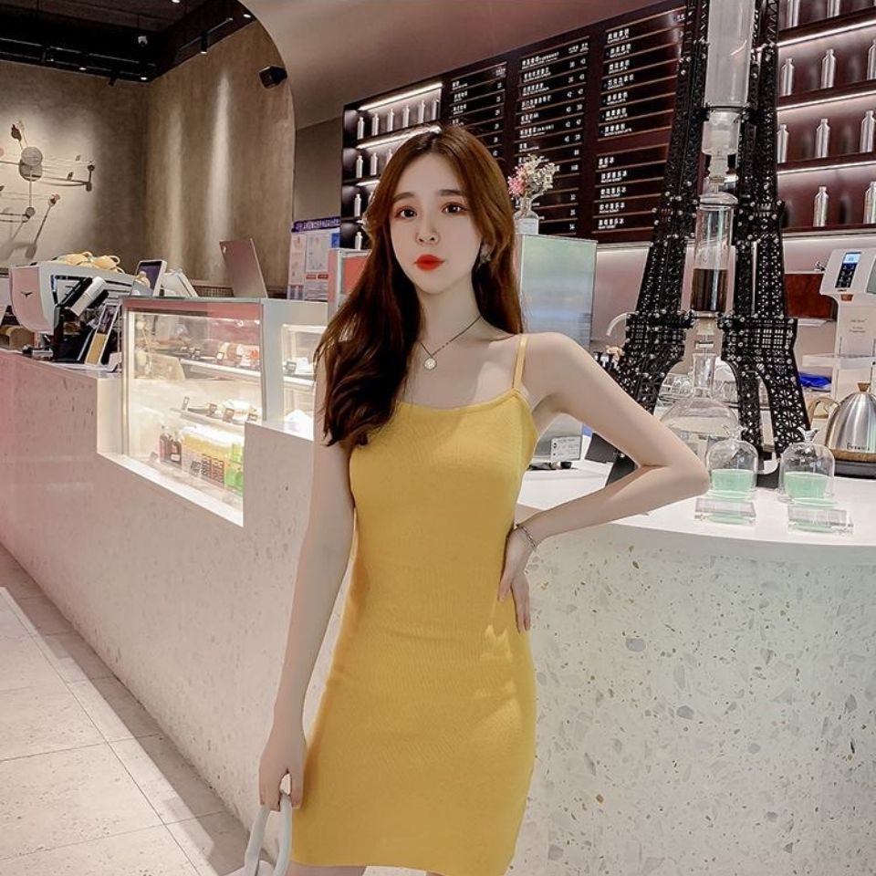 Jiashucheng Đầm Hai Dây Ôm Dáng Co Giãn Thắt Nơ Sau Lưng Phong Cách Hong Kong Quyến Rũ Cho Nữ