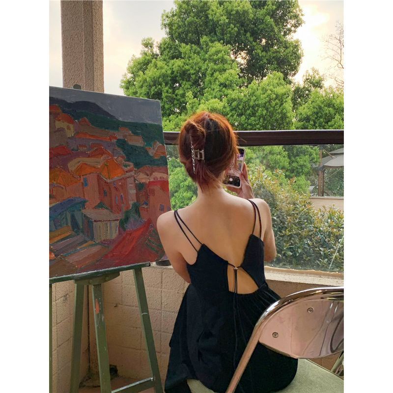 Jiashucheng Đầm Đen Dài Đến Giữa Eo Hai Dây Thời Trang Mùa Hè Cho Nữ