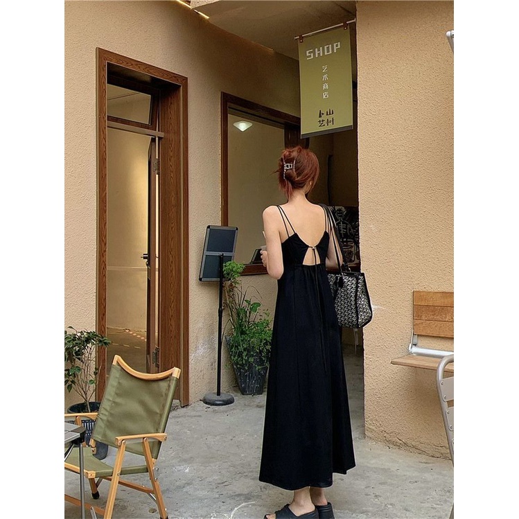 Jiashucheng Đầm Đen Dài Đến Giữa Eo Hai Dây Thời Trang Mùa Hè Cho Nữ