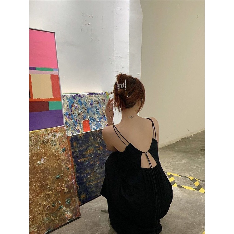 Jiashucheng Đầm Đen Dài Đến Giữa Eo Hai Dây Thời Trang Mùa Hè Cho Nữ