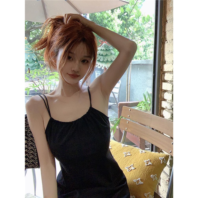 Jiashucheng Đầm Đen Dài Đến Giữa Eo Hai Dây Thời Trang Mùa Hè Cho Nữ