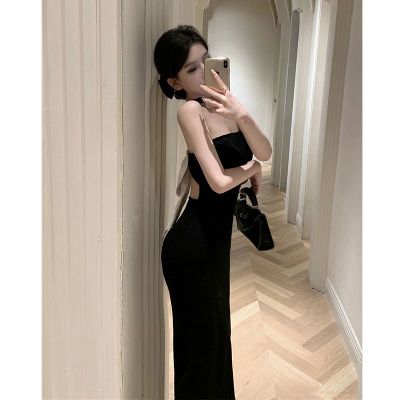 Jiashucheng Đầm Nữ Hai Dây Hở Lưng Màu Đen Phong Cách Pháp Thời Trang Mùa Xuân Quyến Rũ