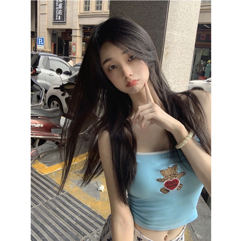 Jiashucheng Áo Ống Ngắn Ôm Dáng Thêu Hình Mèo Nhỏ Xinh Ngọt Ngào Thời Trang Mùa Hè Cho Nữ