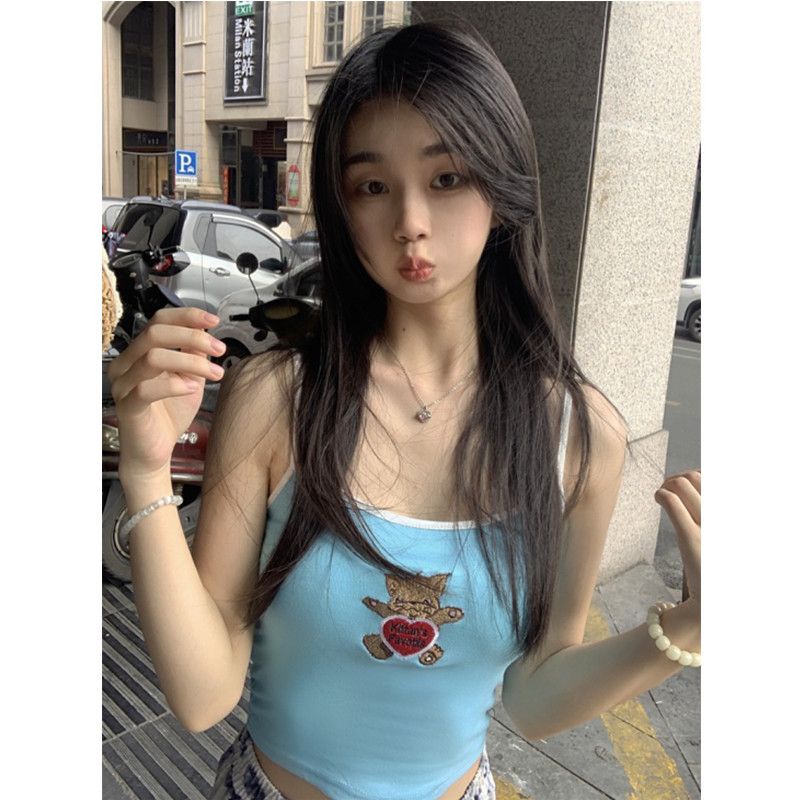 Jiashucheng Áo Ống Ngắn Ôm Dáng Thêu Hình Mèo Nhỏ Xinh Ngọt Ngào Thời Trang Mùa Hè Cho Nữ