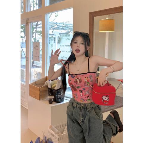 Jiashucheng Áo Hai Dây Ngắn Ôm Dáng Màu Hồng In Họa Tiết Vui Nhộn Retro Mùa Hè Cho Nữ