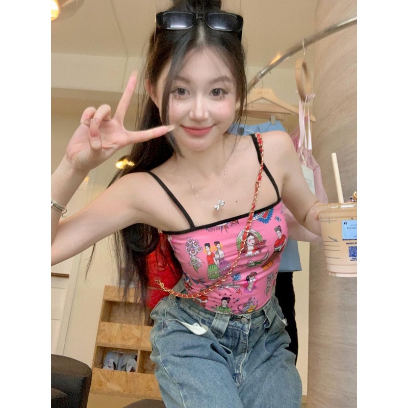 Jiashucheng Áo Hai Dây Ngắn Ôm Dáng Màu Hồng In Họa Tiết Vui Nhộn Retro Mùa Hè Cho Nữ