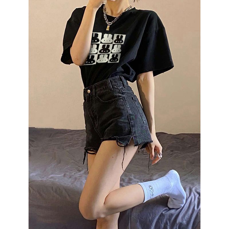 Jiashucheng Quần Short Denim Rách Lưng Cao Dáng Rộng Thời Trang Mùa Hè Mới Dễ Phối Đồ Phong Cách Retro Cho Nữ