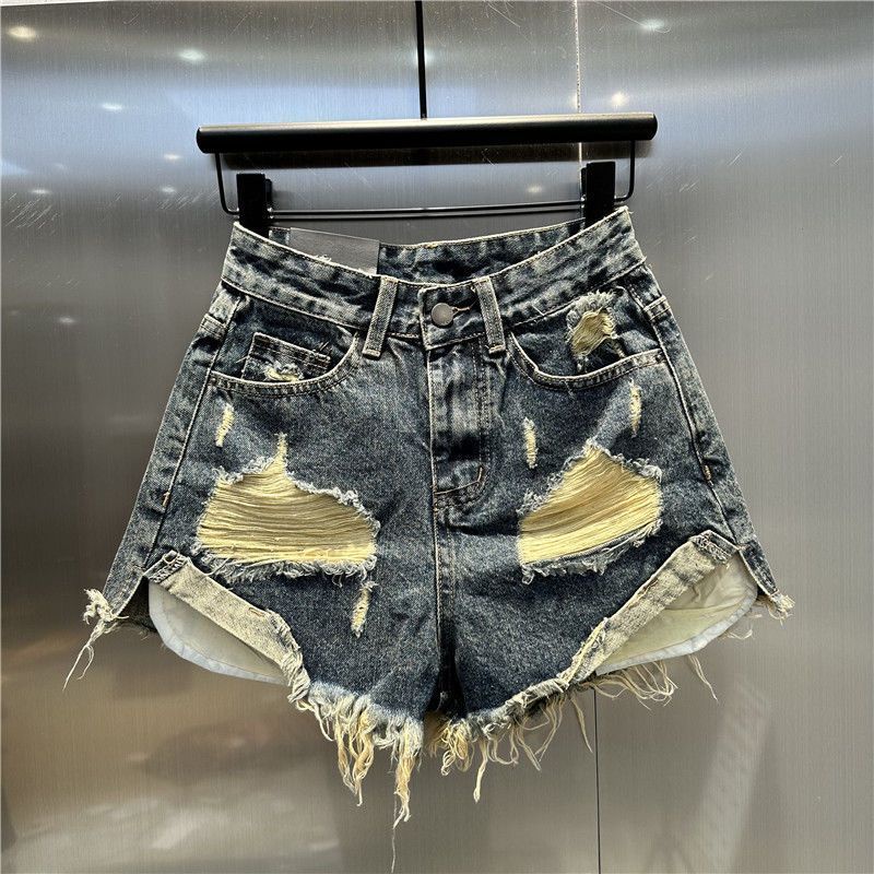 Jiashucheng Quần Denim Chữ a Ống Rộng Rách Lớn Phong Cách Mới Mùa Hè 2023 Dễ Phối Đồ Cho Nữ