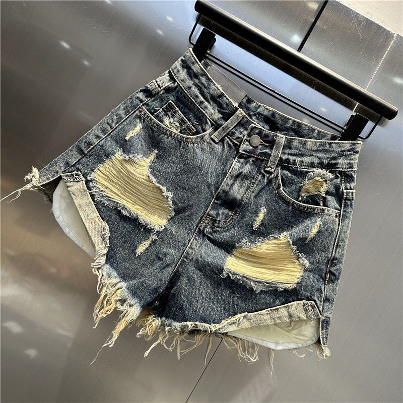 Jiashucheng Quần Denim Chữ a Ống Rộng Rách Lớn Phong Cách Mới Mùa Hè 2023 Dễ Phối Đồ Cho Nữ