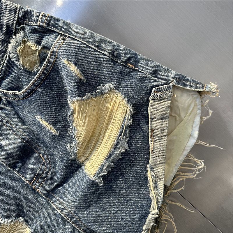 Jiashucheng Quần Denim Chữ a Ống Rộng Rách Lớn Phong Cách Mới Mùa Hè 2023 Dễ Phối Đồ Cho Nữ