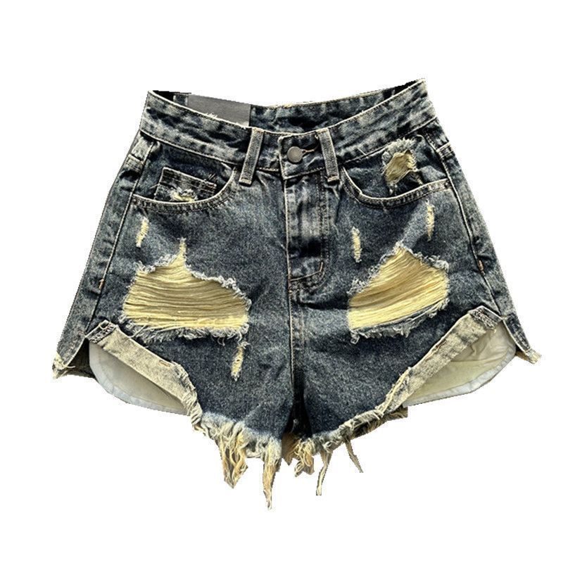 Jiashucheng Quần Denim Chữ a Ống Rộng Rách Lớn Phong Cách Mới Mùa Hè 2023 Dễ Phối Đồ Cho Nữ