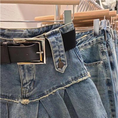 Jiashucheng Chân Váy Denim Ngắn Dáng Chữ a Lưng Cao Xếp Ly Phối Thắt Lưng Phong Cách Retro Mùa Hè Kích Thước Lớn Cho Nữ