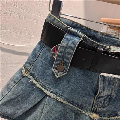 Jiashucheng Chân Váy Denim Ngắn Dáng Chữ a Lưng Cao Xếp Ly Phối Thắt Lưng Phong Cách Retro Mùa Hè Kích Thước Lớn Cho Nữ