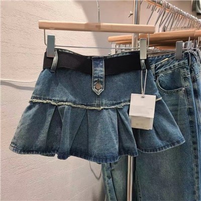 Jiashucheng Chân Váy Denim Ngắn Dáng Chữ a Lưng Cao Xếp Ly Phối Thắt Lưng Phong Cách Retro Mùa Hè Kích Thước Lớn Cho Nữ