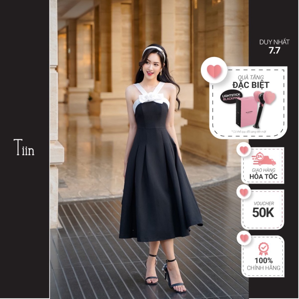 Đầm cúp ngực hai dây dáng dài Váy 2 dây nơ ngực đính hoa thiết kế vải xốp hạt TIINSTORE V0D779