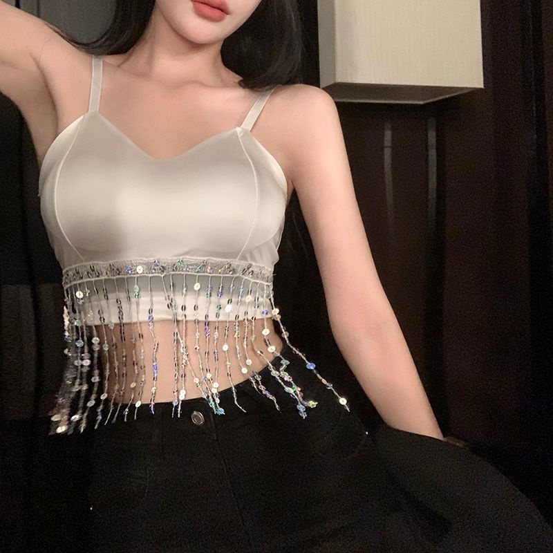 Áo Lót Dạng Ống Hai Dây Đính Kim Sa Tua Rua Lưng Đẹp Với Đệm Ngực Màu Trơn Phong Cách Desire Mặc Bên Ngoài Cho Nữ