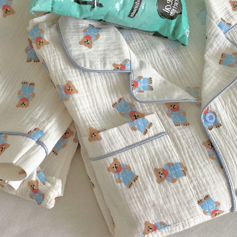 Bộ Đồ Ngủ Tay Dài Chất Cotton In Họa Tiết Chú Gấu Dễ Thương Thời Trang Xuân Thu Cho Nữ