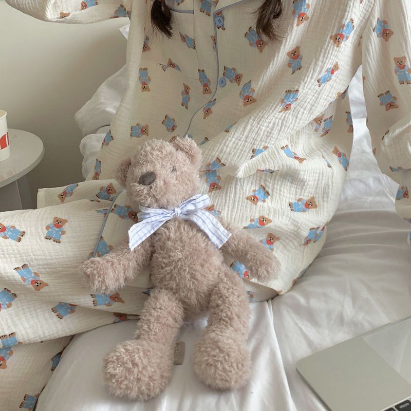 Bộ Đồ Ngủ Tay Dài Chất Cotton In Họa Tiết Chú Gấu Dễ Thương Thời Trang Xuân Thu Cho Nữ