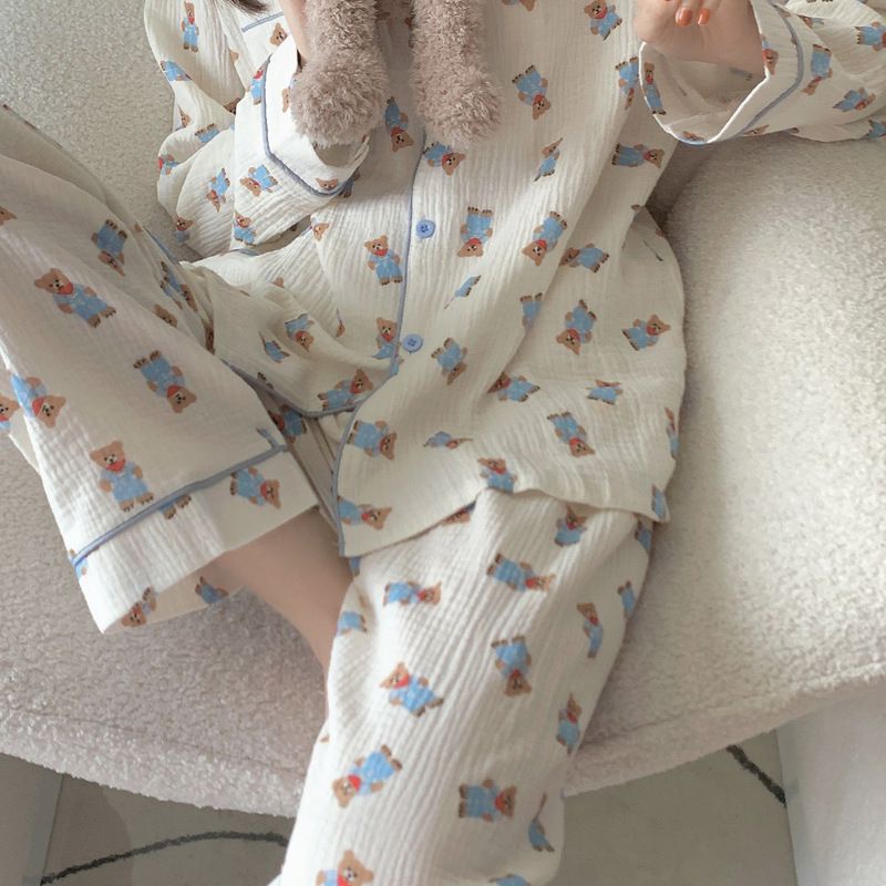 Bộ Đồ Ngủ Tay Dài Chất Cotton In Họa Tiết Chú Gấu Dễ Thương Thời Trang Xuân Thu Cho Nữ