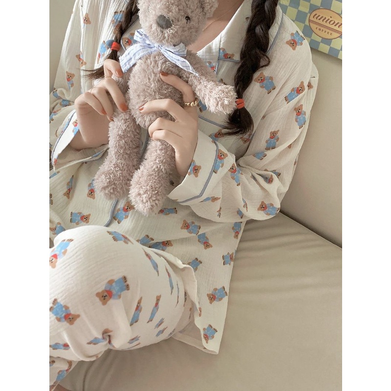 Bộ Đồ Ngủ Tay Dài Chất Cotton In Họa Tiết Chú Gấu Dễ Thương Thời Trang Xuân Thu Cho Nữ