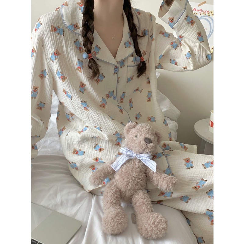 Bộ Đồ Ngủ Tay Dài Chất Cotton In Họa Tiết Chú Gấu Dễ Thương Thời Trang Xuân Thu Cho Nữ