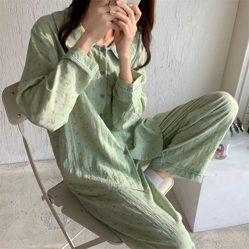 Bộ Đồ Ngủ Cổ Búp Bê Họa Tiết Kẻ Sọc Thời Trang Thu Đông Xinh Xắn Cho Nữ