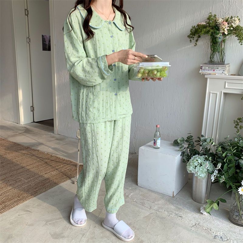 Bộ Đồ Ngủ Cổ Búp Bê Họa Tiết Kẻ Sọc Thời Trang Thu Đông Xinh Xắn Cho Nữ