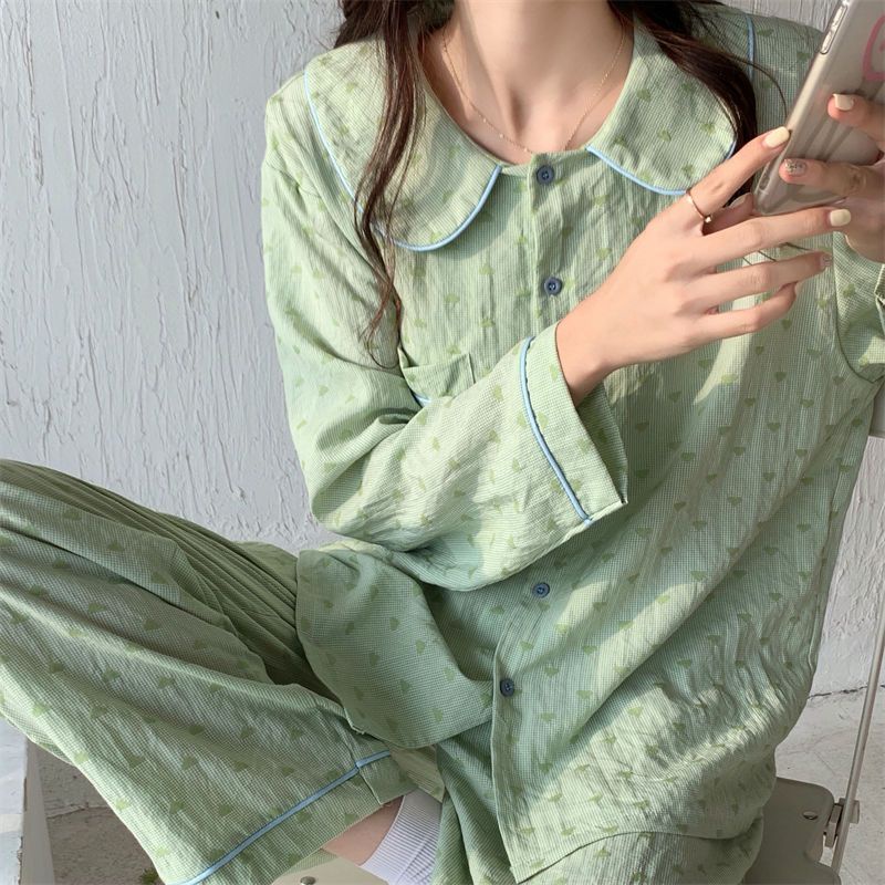 Bộ Đồ Ngủ Cổ Búp Bê Họa Tiết Kẻ Sọc Thời Trang Thu Đông Xinh Xắn Cho Nữ