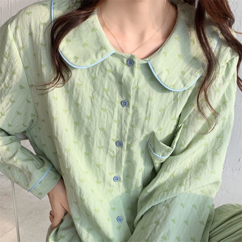 Bộ Đồ Ngủ Cổ Búp Bê Họa Tiết Kẻ Sọc Thời Trang Thu Đông Xinh Xắn Cho Nữ