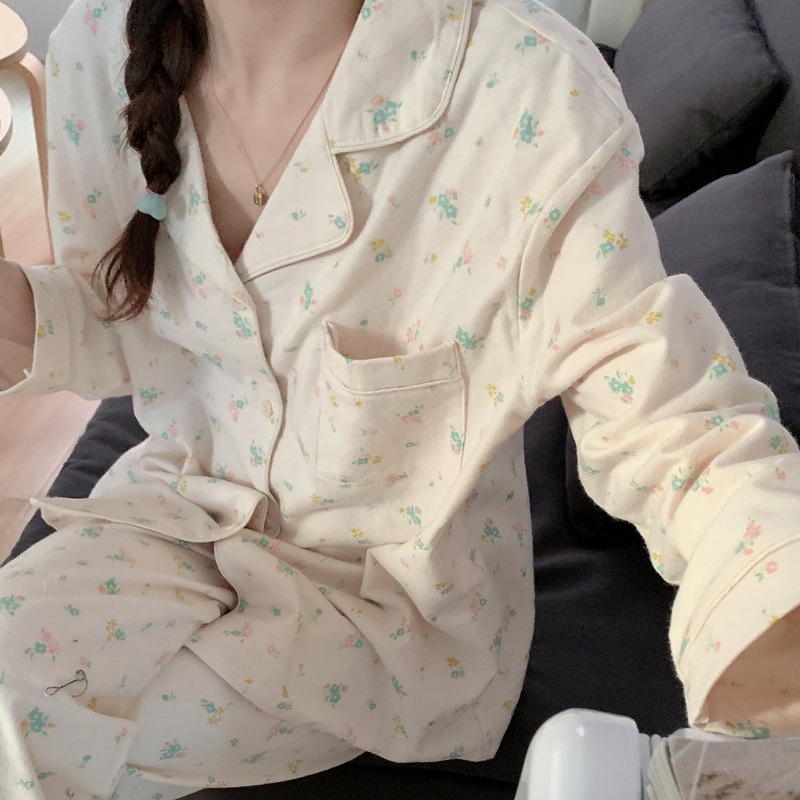 Bộ Đồ Ngủ Tay Dài Dáng Rộng In Họa Tiết Hoa Thời Trang Thu Đông Xinh Xắn Cho Nữ