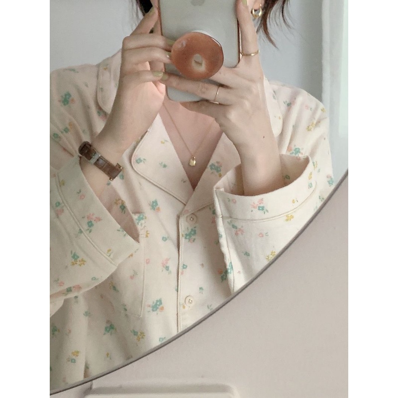 Bộ Đồ Ngủ Tay Dài Dáng Rộng In Họa Tiết Hoa Thời Trang Thu Đông Xinh Xắn Cho Nữ