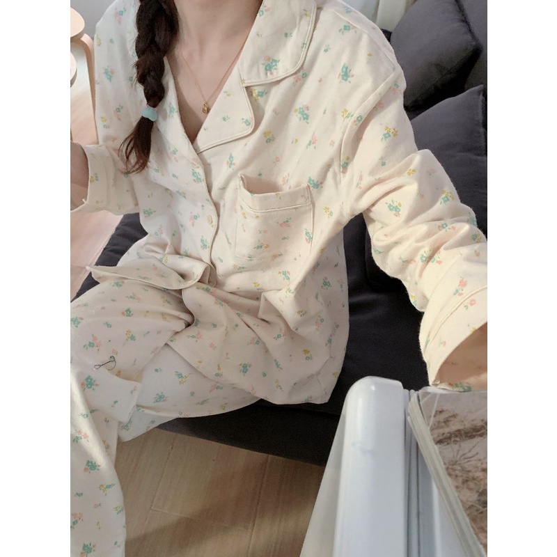 Bộ Đồ Ngủ Tay Dài Dáng Rộng In Họa Tiết Hoa Thời Trang Thu Đông Xinh Xắn Cho Nữ