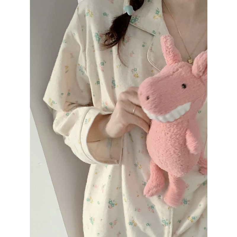 Bộ Đồ Ngủ Tay Dài Dáng Rộng In Họa Tiết Hoa Thời Trang Thu Đông Xinh Xắn Cho Nữ