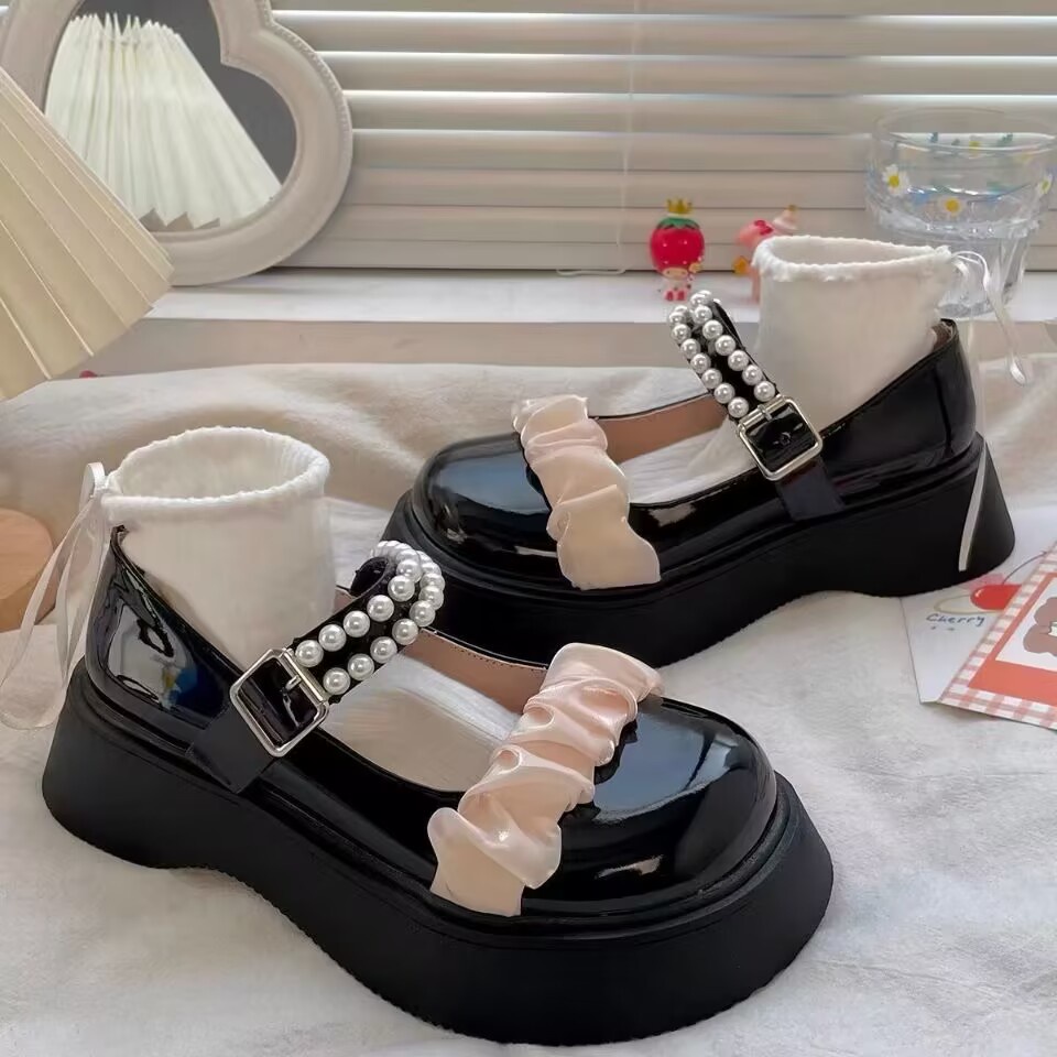 Giày nữ lolita giày mũi tròn dế dày phong cách retro