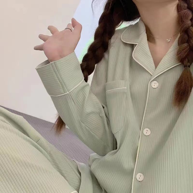 Bộ Đồ Ngủ Tay Dài Họa Tiết Kẻ Sọc Màu Sắc Đơn Giản Thời Trang Xuân Thu Xinh Xắn Cho Nữ