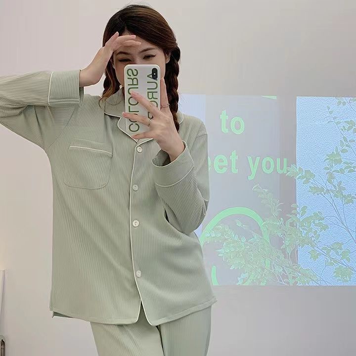 Bộ Đồ Ngủ Tay Dài Họa Tiết Kẻ Sọc Màu Sắc Đơn Giản Thời Trang Xuân Thu Xinh Xắn Cho Nữ