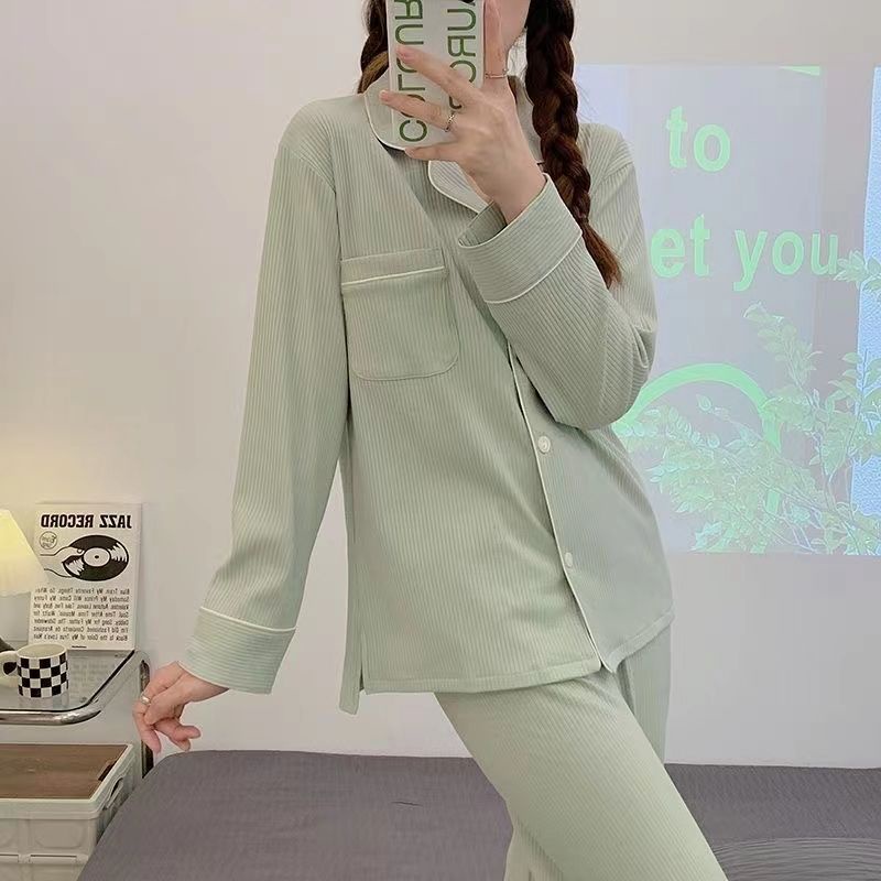 Bộ Đồ Ngủ Tay Dài Họa Tiết Kẻ Sọc Màu Sắc Đơn Giản Thời Trang Xuân Thu Xinh Xắn Cho Nữ